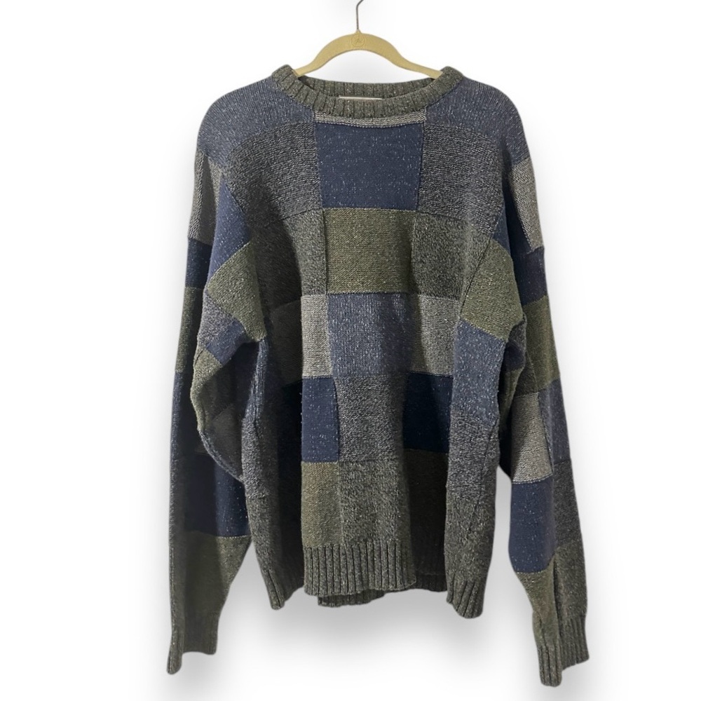 Vintage David Taylor Gray Green Blue Checkered Crewneck Sweater Men’s Size XL